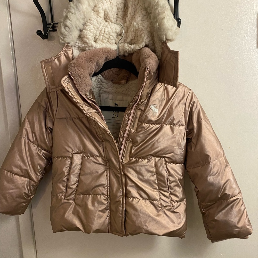 Gold Puffer Jacket with Faux Fur Hood